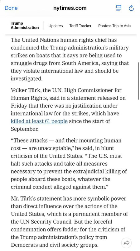 联合国人权事务高级专员谴责美国在公海轰炸平民船只、杀死至少51人，违反国际法