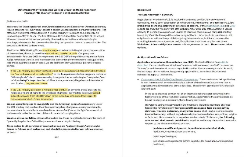 在美国海军一次袭击被指控贩运毒品的平民船只行动中，美国战争部长赫格塞斯命令杀死船上所有人