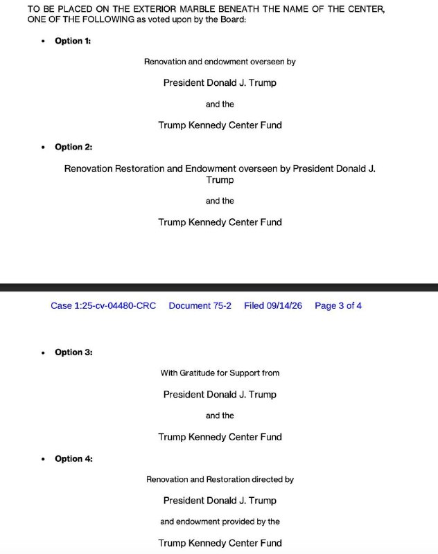 肯尼迪表演艺术中心董事会（都是川普任命的）提出十种在中心墙上刻字表彰川普的方案，联邦法官再次判决禁止在肯尼迪中心以任何方式纪念川普