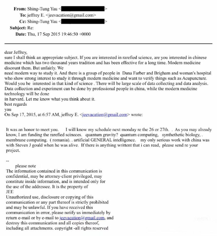 2015年爱泼斯坦和丘成桐见面后，问他中国有什么科学领域他可以资助的，丘成桐建议他资助中医研究，说中医有两千年历史，非常有效的，他可以牵线让哈佛和中国合作研究