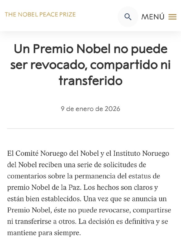 🚨 🇳🇴 🧑‍💼挪威诺贝尔奖委员会回来表示诺贝尔奖不能分享或转让