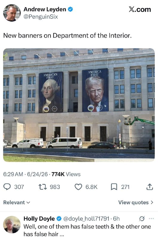 美国内务部大楼也挂上川普巨幅画像，不挂不忠诚
