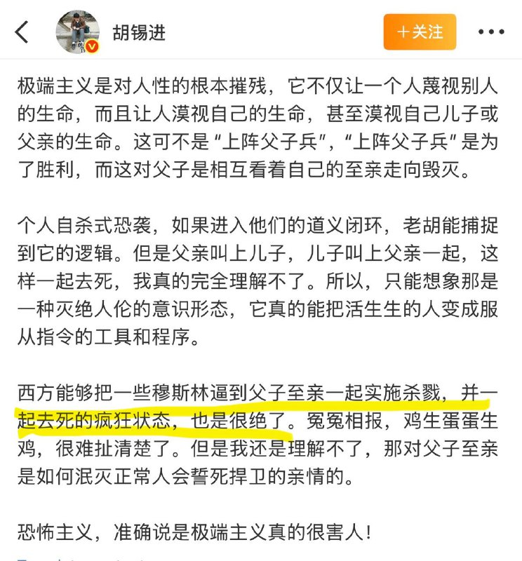 胡锡进说悉尼海滩父子杀人是被西方逼的