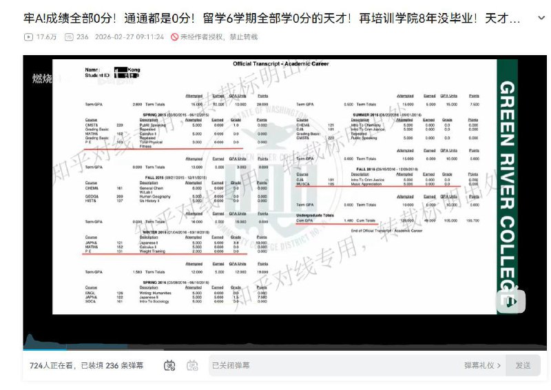 网传牢A全部0分，夸张了，从晒出的成绩单看，是大部分功课0分，个别功课有分，GPA 1.48