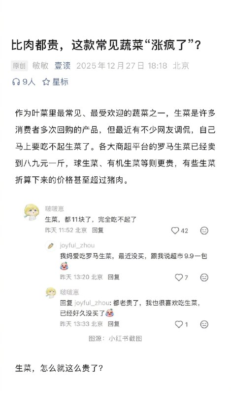 【#生菜涨价有些比肉还贵#】#生菜怎么这么贵了# 作为叶菜里最常见、最受欢迎的蔬菜之一，生菜是许多消费者多次回购的产品，但最近有不少网友调侃，自己马上要吃不起生菜了