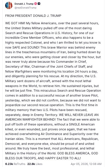 1. 1. 关键时刻，还是得依靠中情局！🚨一位特朗普政府高级官员告诉我，在找到那名武器系统官并展开美军救援行动之前，中情局（CIA）首先发起了一场欺骗行动，在伊朗境内散布消息称美军已经找到他，并正在地面转移，准备将其撤离出境