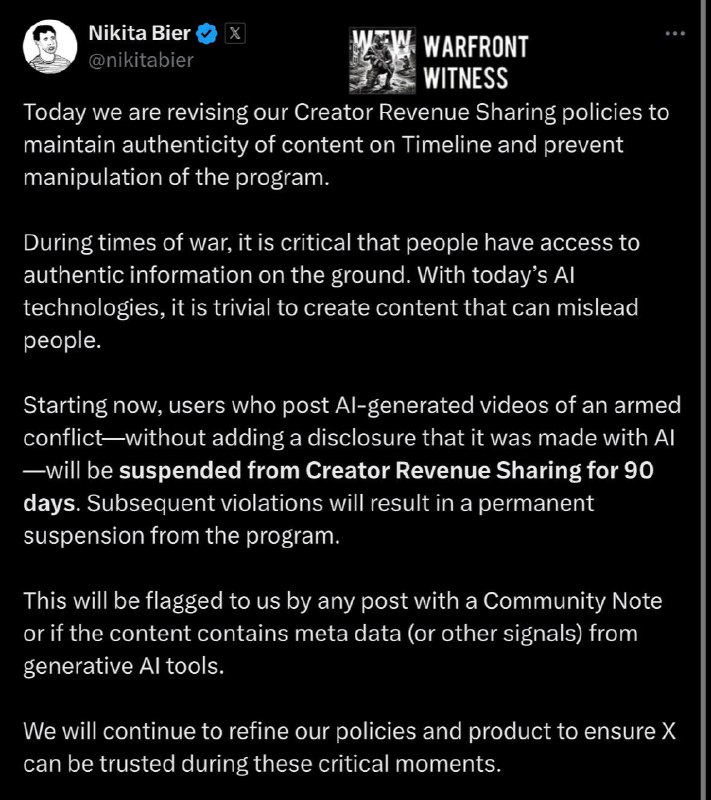 ⚡ ️ 🇺🇸 🇮🇷 🇮🇱 X 表示正在修改其创作者收益分享政策，以解决武装冲突期间的操纵问题并维护真实信息