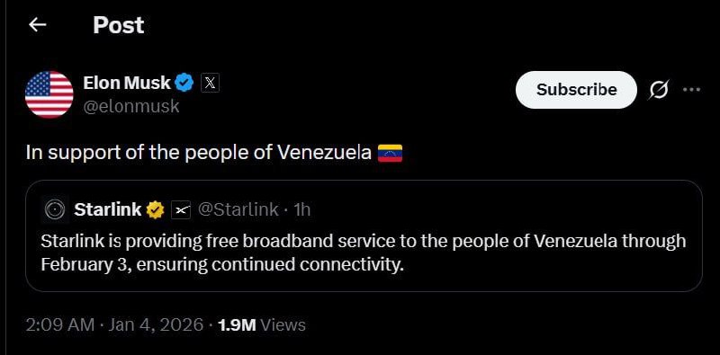 🇿🇦 🛰 ​​🤝 🇻🇪 — El multimillionario sudafricano Radicado en EE.埃隆·马斯克 (Elon Musk) 宣布 Starlink 将在 2 月 3 日之前向委内瑞拉民众提供免费的高频段服务，保证委内瑞拉境内的持续连接