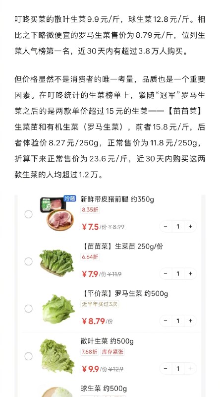 【#生菜涨价有些比肉还贵#】#生菜怎么这么贵了# 作为叶菜里最常见、最受欢迎的蔬菜之一，生菜是许多消费者多次回购的产品，但最近有不少网友调侃，自己马上要吃不起生菜了