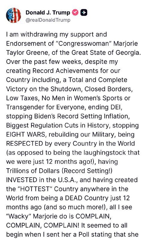 川普终于宣布和佐治亚的共和党活宝众议员玛乔丽·泰勒·格林决裂，因为她一直在嚷嚷要公开爱泼斯坦档案