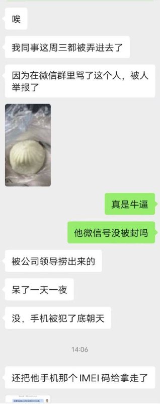 中共国有人微信里骂了习包子，被带走调查，出来后手机IMEI码被国安盗用，并受到远程监控