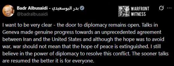 ⚡ ️ 🇴🇲 🇺🇸 🇮🇷 阿曼外交部长布赛迪表示，美国和伊朗之间的外交大门仍然敞开，和平解决问题