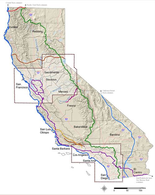 2001年启动的加州海岸小径项目全长2000公里，完成后可从美墨边境沿着海岸线一直走到俄勒冈，现在已完成70%，剩下的30%应该是最难的