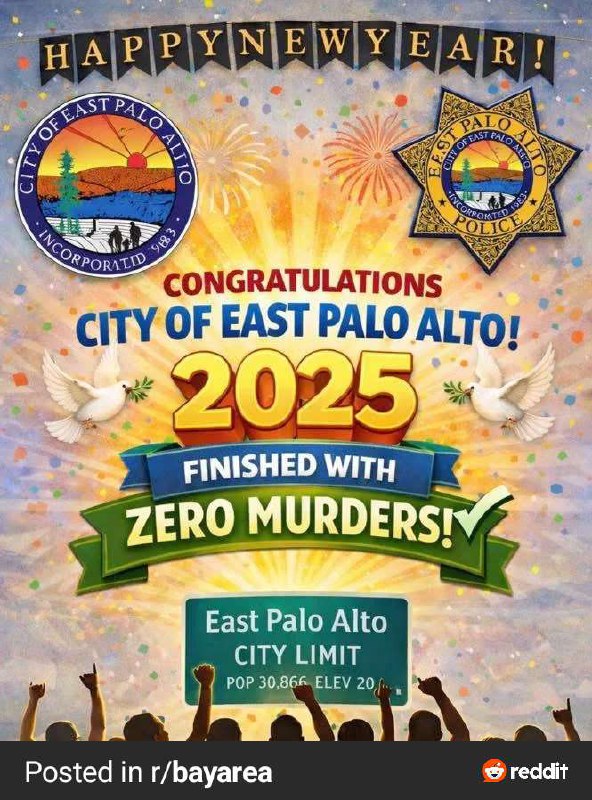 小径残雪 (Twitter)湾区治安最差的区之一，East Palo Alto，庆祝2025年没有发生1起谋杀案