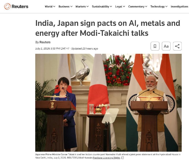 中国外交部指责日本印度搞“小圈子”日本首相高市早苗访问印度，并于7月2日同印度总理莫迪会谈，双方就半导体和重要矿产领域的合作达成一致