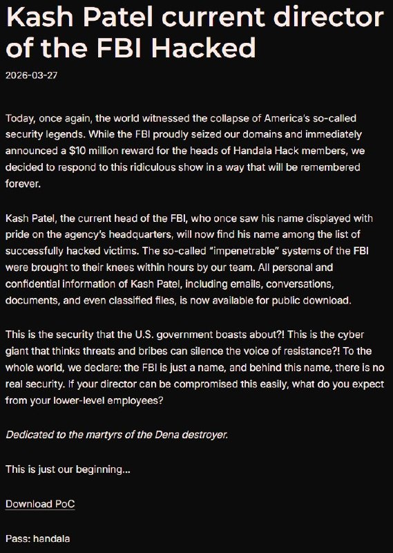 王局拍案，【FBI局长邮箱被伊朗黑客黑，私密照曝光】12月27日，美国司法部称，联邦调查局局长卡什·帕特尔，其个人邮箱地址遭到黑客攻击