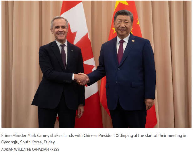 加拿大总理马克·卡尼周五在韩国APEC峰会期间，与中国国家主席习近平举行会谈，声称要“重振加中关系”