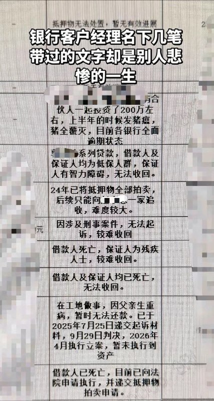 近日，有抖音网友晒出多张银行客户经理记录“不良贷款形成原因”的截图，引发热议截图中，很多逾期原因只有短短几行