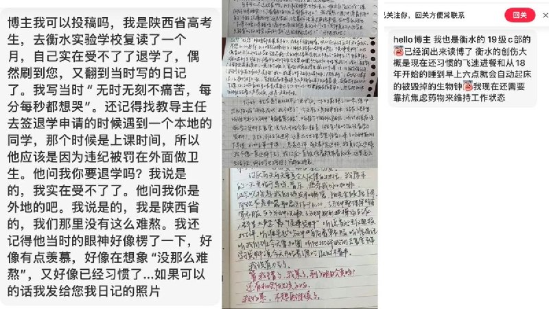 近日，网友分享了自己和来自其他衡水中学及衡水模式管理的高中毕业的学生投稿，控诉衡水管理模式对他们造成的创伤