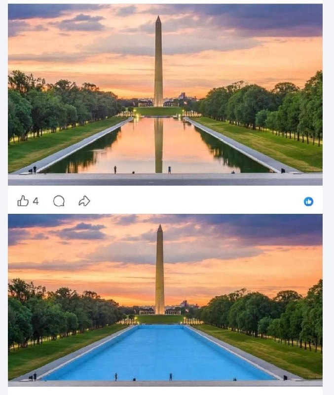 乌克兰战争•最新进展🇺🇦 (Twitter/X)#红右世界著名经典——Reflecting Pool，已不再是那个“倒影池”了——这件百年前设计的作品，其初衷是在水中映照纪念建筑，以此呼应并烘托出它们（华盛顿纪念碑和林肯纪念堂）的宏伟与庄严