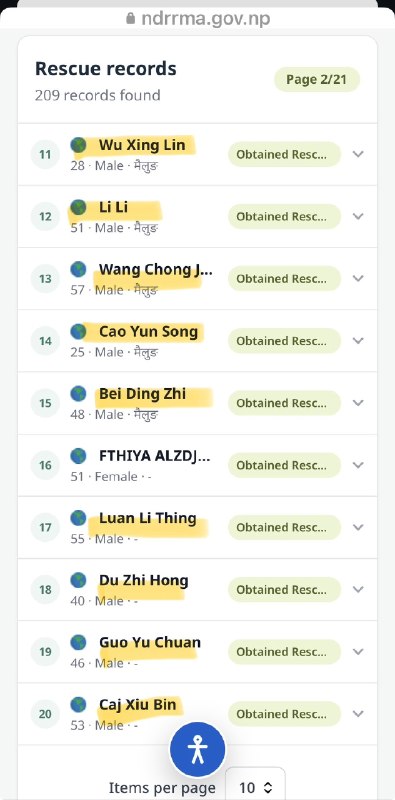 1.这是尼泊尔政府公布的获救者名单，里面有很多中国人获救了！尼泊尔能公开谁被获救，但中共没有这样的网站
