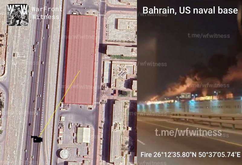 ⚡ 🇧🇭 🇺🇸 🇮🇷 巴林美国海军基地的一个大型机库今晚遭到袭击，现已起火