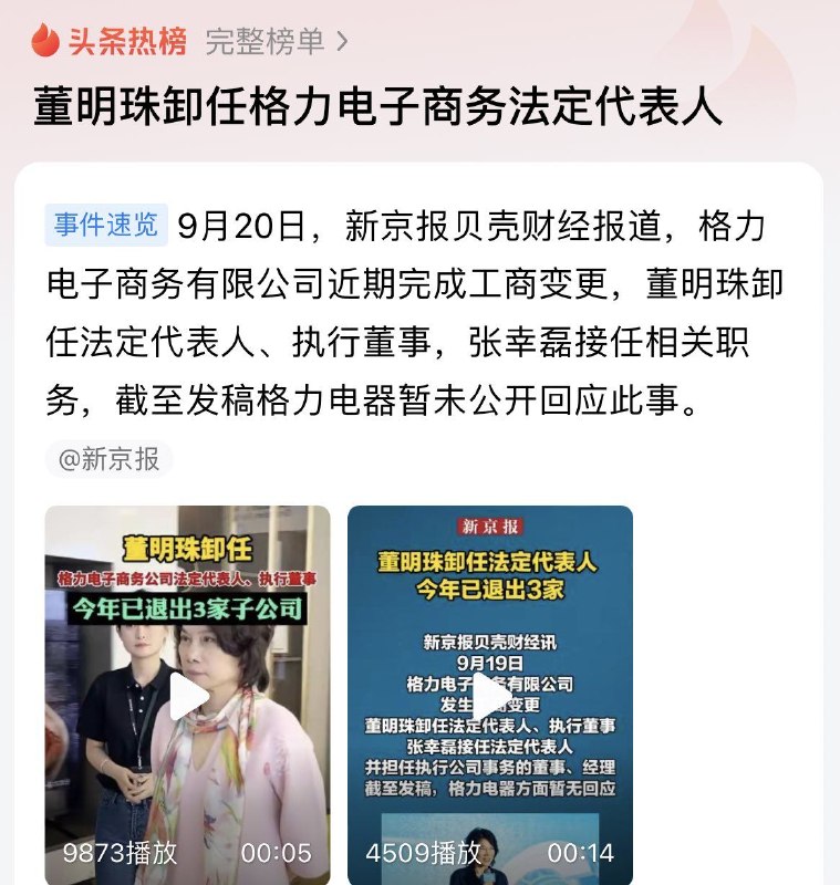 中国格力董事长董明珠卸任格力公司一切职务，由中国原国防部长张爱萍之孙张辛磊接任格力董事长兼法定代表人，张幸磊个人简历在全网被设为隐私，并据传董明珠被广东珠海公安带离关押受审