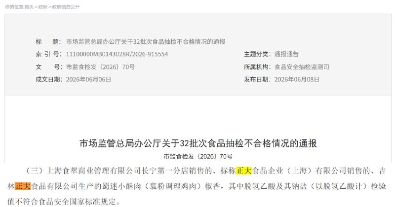 正大小酥肉被检出禁用防腐剂，官方通报后公司称正调查核实6月8日，国家市场监管总局通报32批次食品抽检不合格，其中一批“蜀迷小酥肉（裹粉调理鸡肉）椒香”被检出脱氢乙酸及其钠盐