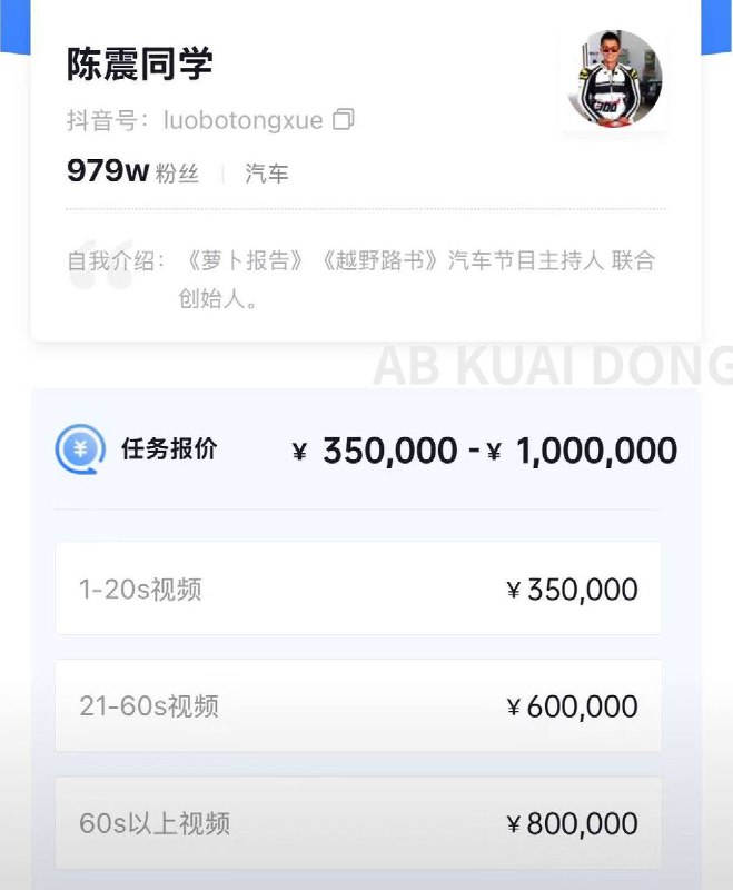 根据抖音星图最新报价，陈震账号单条短视频广告价高达35万-100万元，其中