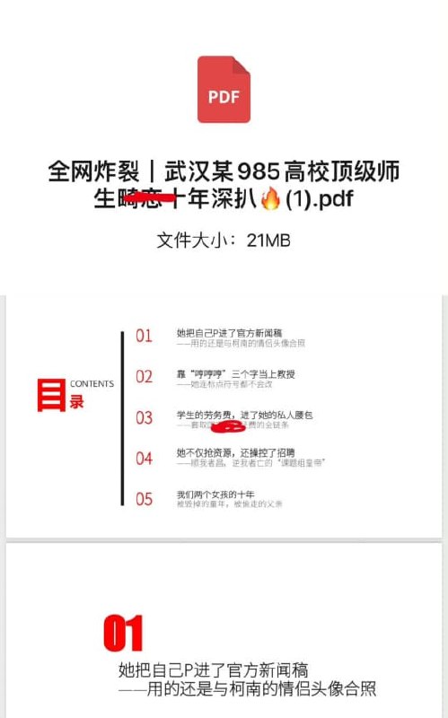 1.【父亲出轨女博士生，武大教授之女发86页PPT实名举报“上位”女教师】武大又出大瓜！9月3日，两名自称武汉大学教授之女的女孩发布一份长达86页的PPT，实名举报武汉大学化学与分子科学学院女教师曾梦琪，指控其存在介入导师婚姻、学术造假、科研经费使用等问题