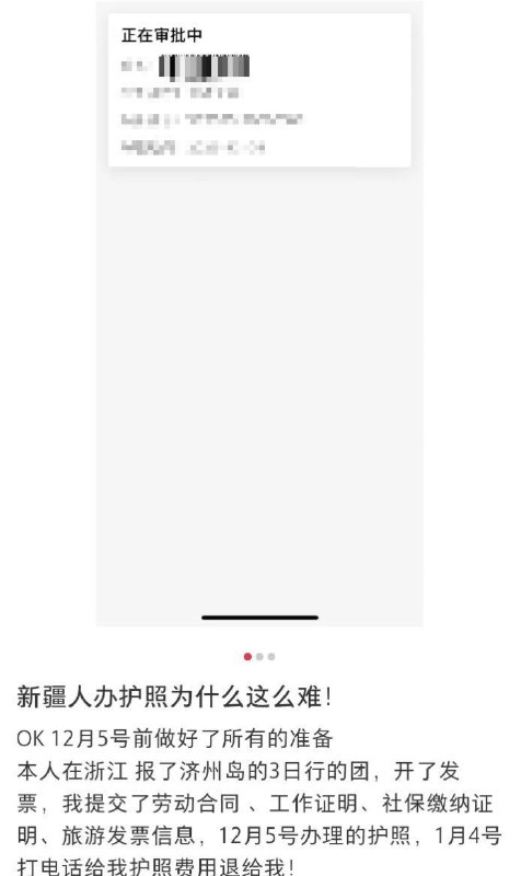 1月6日，有新疆网友反映，办理护照过程中，社区因“不了解思想动态”为由，遭遇反复审查和无明确标准的拒绝， 陷入长期无法通过的“循环阻碍”