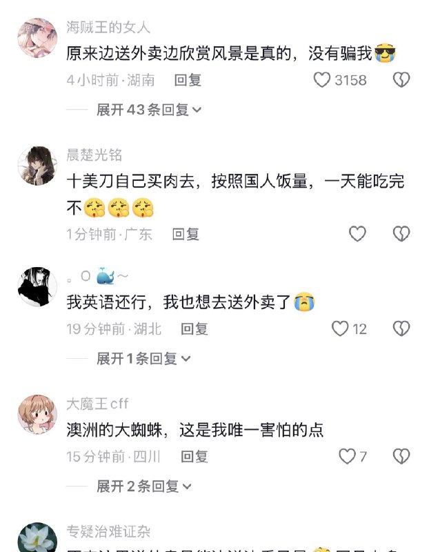 与中国外卖员形成鲜明对比的，一名通过WHV（打工旅行签证）在澳洲送外卖的博主，分享她送外卖的经历，评论区网友