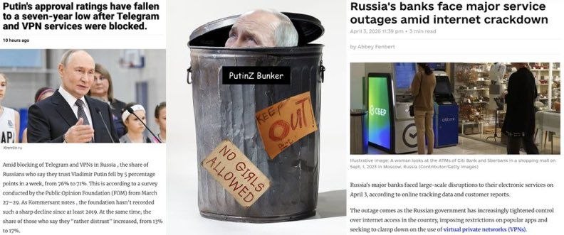 随着大范围的网络封锁引发公众不满，普京的支持率正在迅速下降