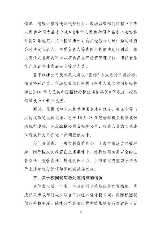 11月14日，上海“学校午餐发臭事件”后续，上海市“绿捷食安事件”调查组发布通报