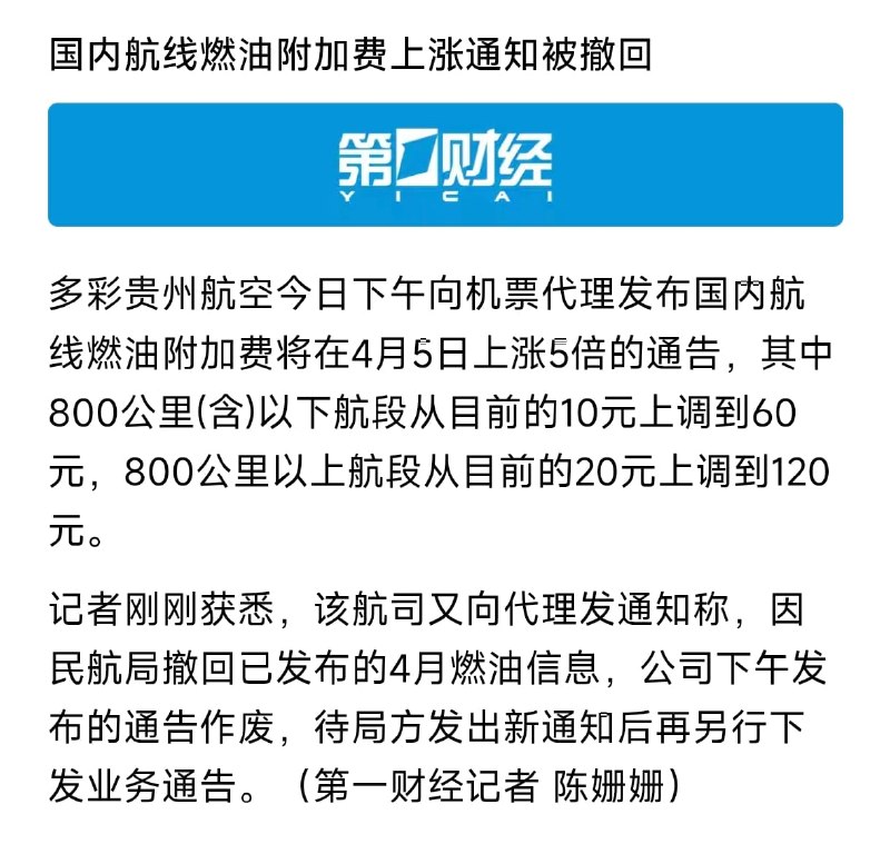 王局拍案，【燃油附加费暴涨6倍，发布通知后撤回 】多彩贵州航空发布通知，称国内航线燃油附加费，将于4月5日起大幅上涨，800公里以下，由10元涨至60元，800公里以上，由20元涨至120元，涨幅最高达5倍，但随后，该通知被紧急撤回，航司再发消息称，因民航局撤回4月燃油信息，此前通告作废，待新通知发布后，再重新下发方案，