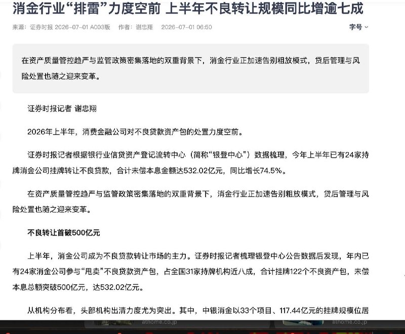 消费金融加速“排雷”，负债人的无奈也在蔓延7月1日据《证券时报》报道《消金行业“排雷”力度空前 上半年不良转让规模同比增逾七成》，今年上半年消费金融行业不良资产转让规模同比增长超过七成