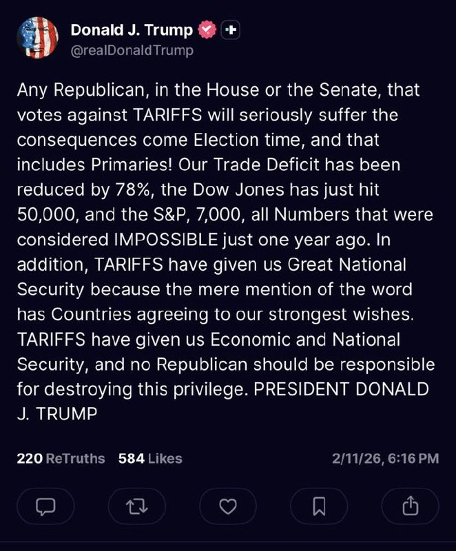 JohnZhangSV (Twitter)‼️刚刚众议院投票，六名共和党议员不顾特朗普的威胁，加入民主党投票撤销对加拿大的关税！219