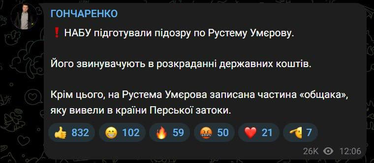 ‼️🇺🇦🏴‍☠️ 乌克兰国家反腐局（НАБУ）已对国家安全与国防委员会主席乌梅罗夫提出指控，议会宣布▪️议员贡查连科称，乌梅罗夫被控挪用公款