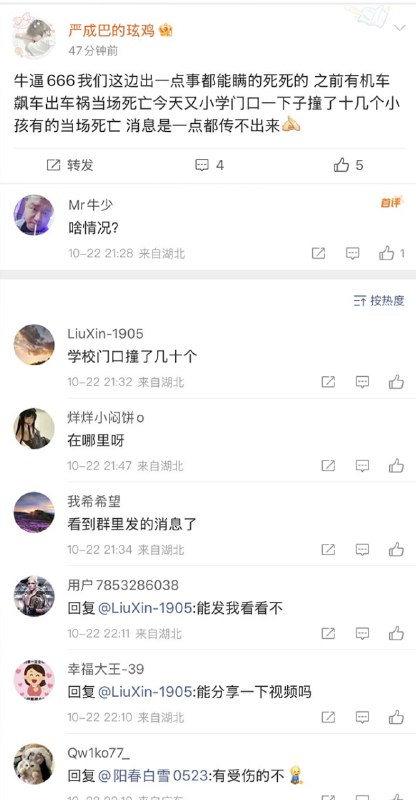 【血腥慎入】10月22日下午17时，湖北十堰重庆路小学门口一辆白色轿车加速冲向正在等待红绿灯的小学生和家长，原因不明