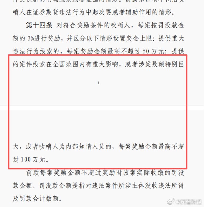 1. 证监会大力鼓励“吹哨人”！奖金最高可达100万，“次要角色”与匿名举报人也纳入奖励范围2. -1. 证监会大力鼓励“吹哨人”！奖金最高可达100万，“次要角色”与匿名举报人也纳入奖励范围2. -