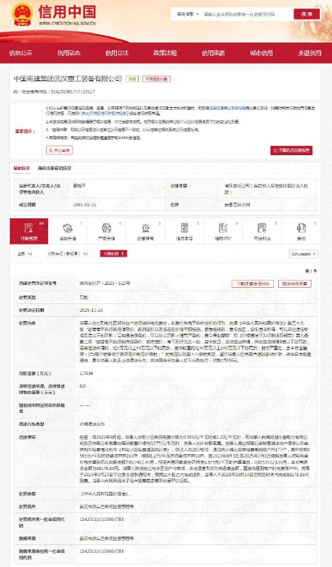 ⁠ 【加价多收8.8万余元 #中国电建武汉重工多收居民电费被罚 1.76万】 #多收武汉居民电费8.8万涉事公司被罚 记者于信用中国信用公示栏获悉，11月25日，中电建装备集团旗下的中国电建集团武汉重工装备有限公司（下称“中国电建武汉重工”）收到罚单，其违法行为类型是“价格违法行为”，处罚类别是“罚款”，处罚机关为武汉市洪山区市场监督管理局