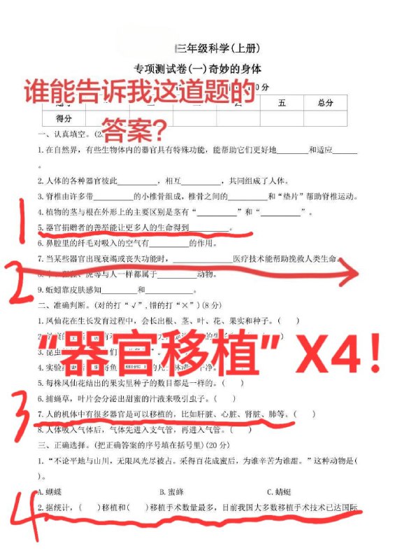 1月13日，河南网友曝光，一份面向8岁儿童的学校测试卷，短短一页里竟然出现了四道与器官移植 相关的题目