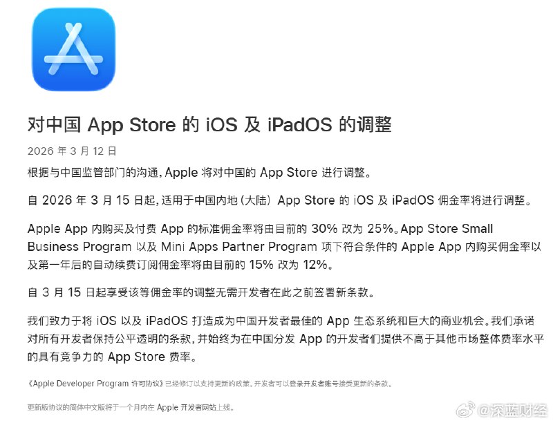 ⁠ #苹果下调佣金率 中国内地App Store佣金率，标准费率降至25%，3月15日正式生效……惠及千万开发者[点赞] ​​​▎Source