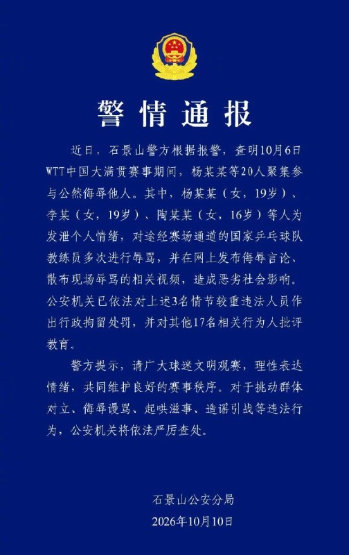 ⁠警方通报3人因辱骂王皓被拘留10 月 6 日，WTT 中国大满贯赛事举办期间，国乒男队主教练王皓在场馆门口遭到球迷当众辱骂